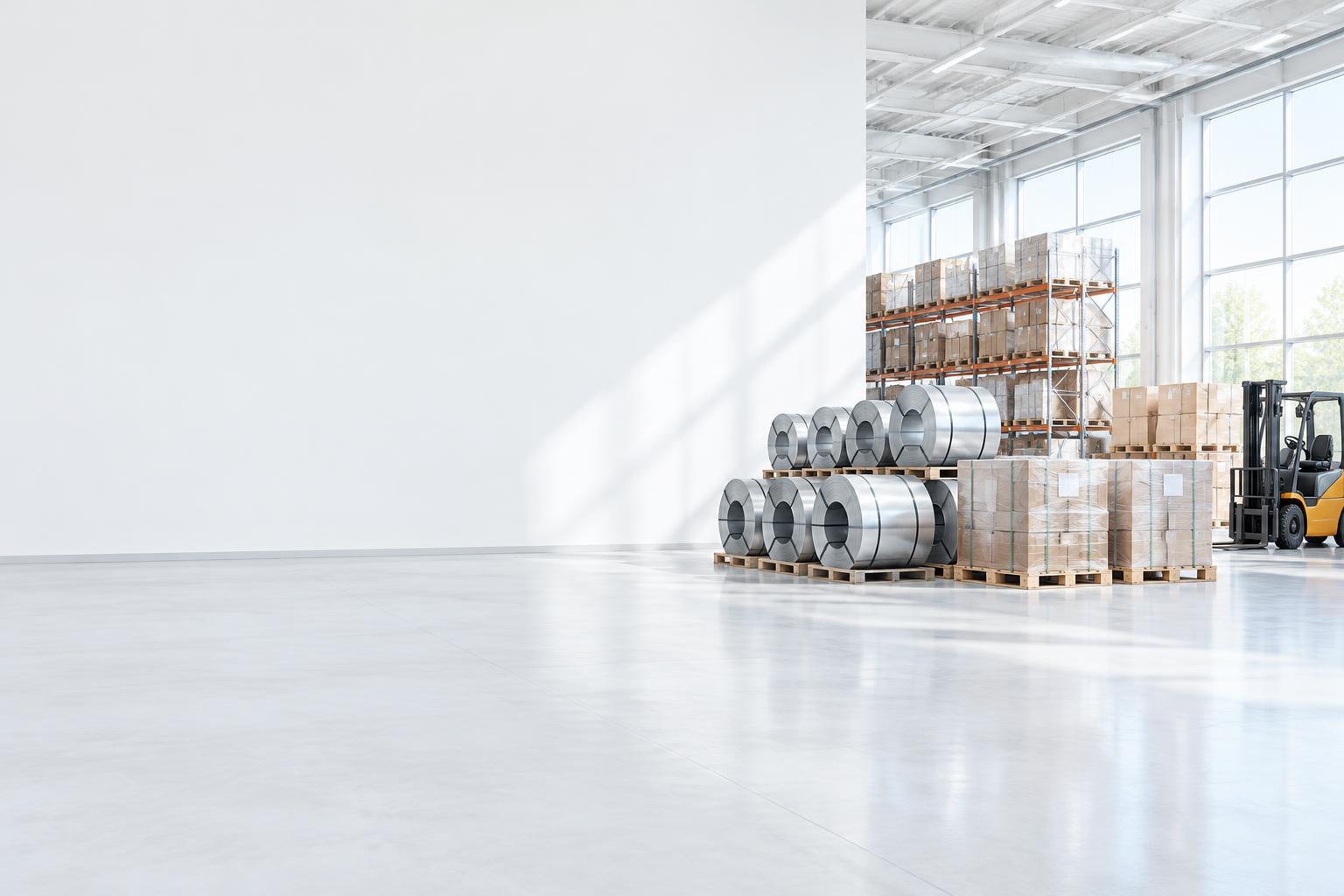 Steel coils and packaged goods in a bright industrial warehouse